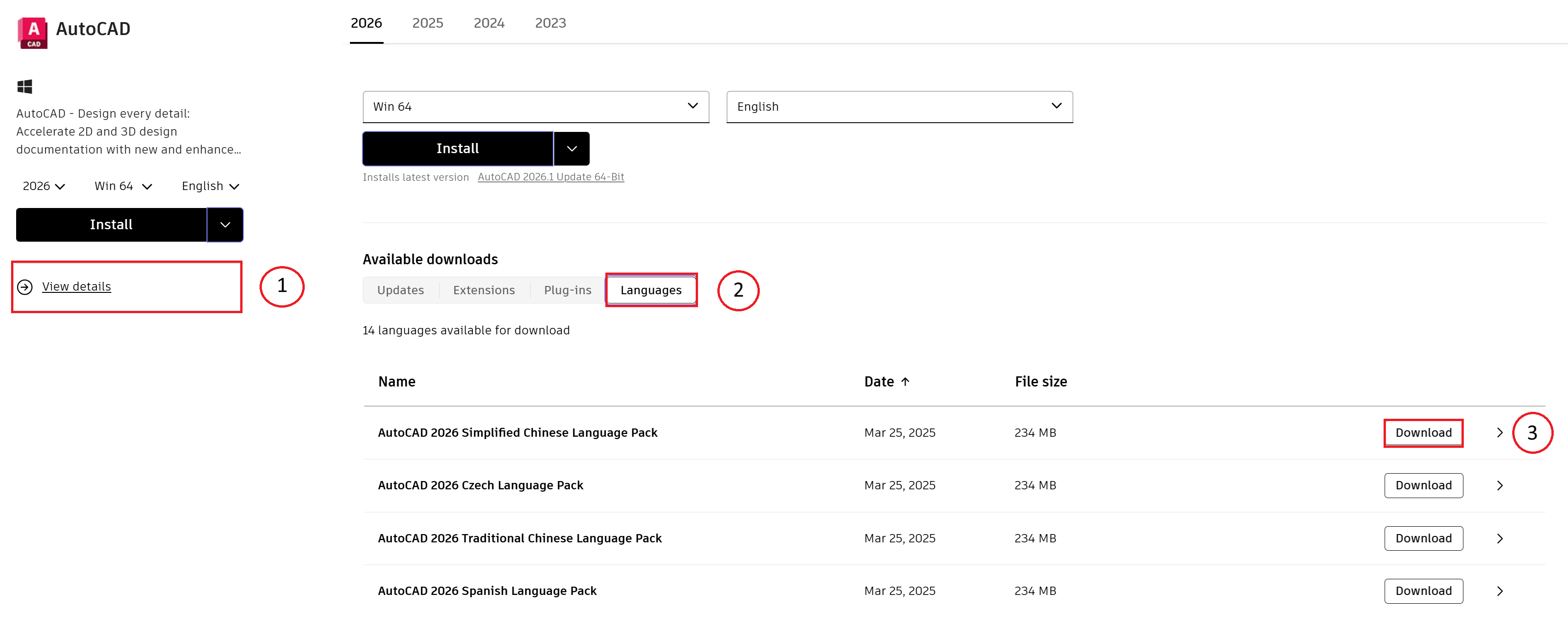 Screenshot zeigt, wie ein Sprachpaket über das Konto bei Autodesk Account heruntergeladen wird
