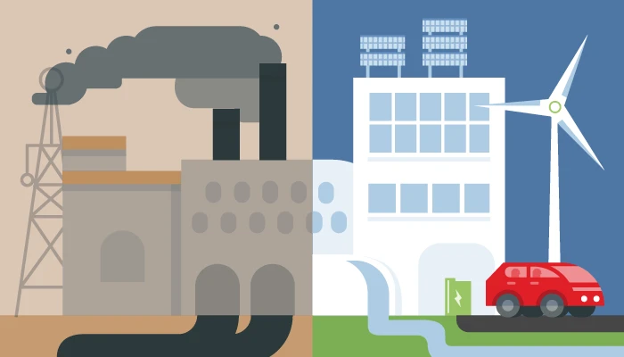 Illustration of a building, the left half has polluting smokestacks, the right half has solar panels, a wind turbine, and an electric car