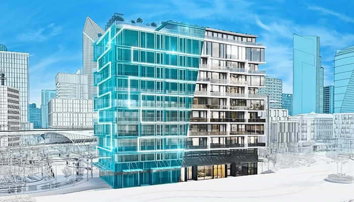 illustration of office building with BIM overlay