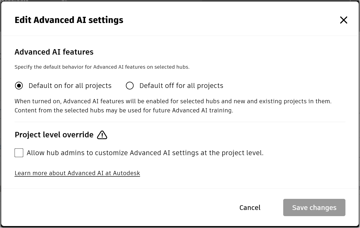 Advanced AI features dialog with default on option and project override checkbox.