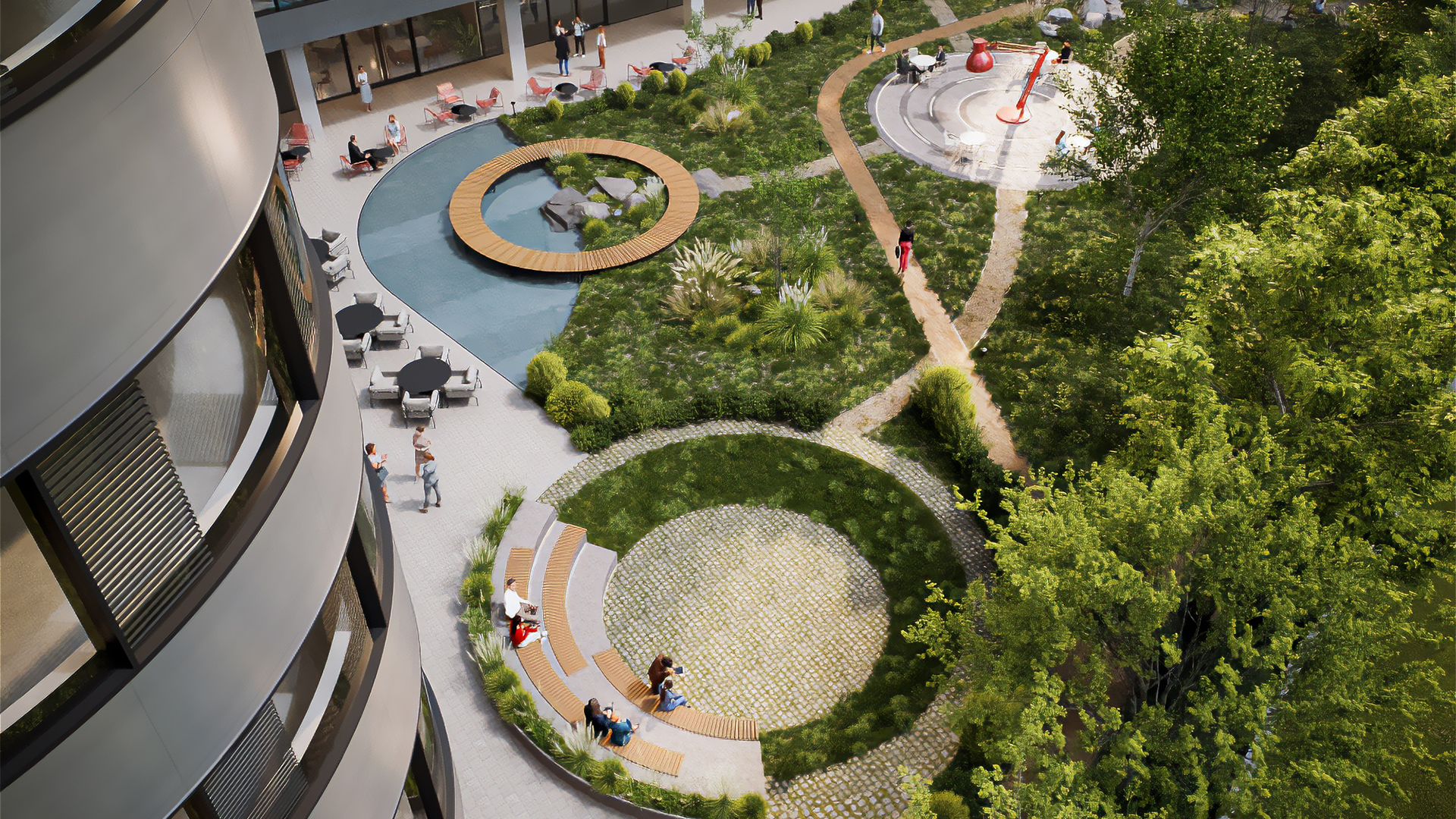 Modern garden with benches