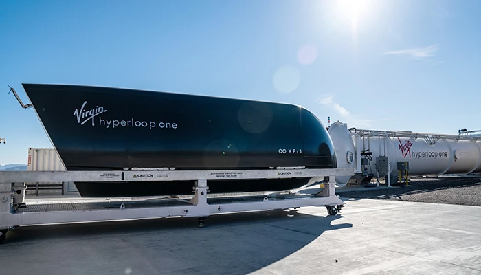 A black Virgin Hyperloop One test pod
