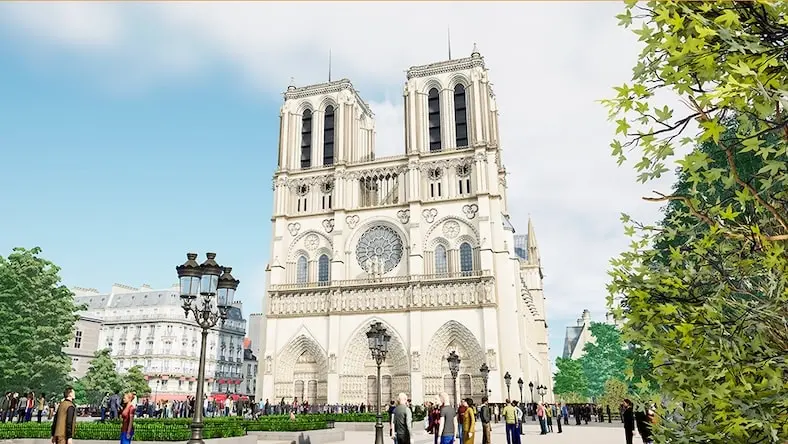 3D visualization of the planned restoration of the façade and grounds of the Notre-Dame de Paris.