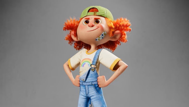 Animated character with red curly hair in a rainbow t-shirt.