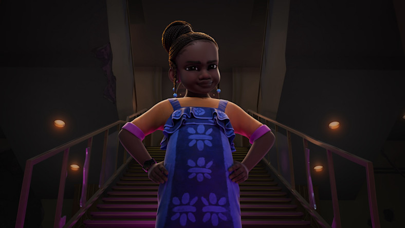 A still from “Iwájú” shows a young African girl standing in front of a staircase with her hands on her hips.
