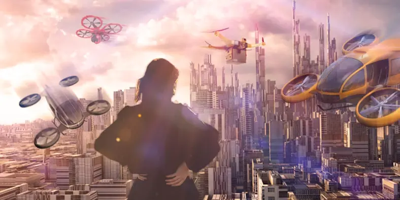 Person overlooking a city with drones circling above.