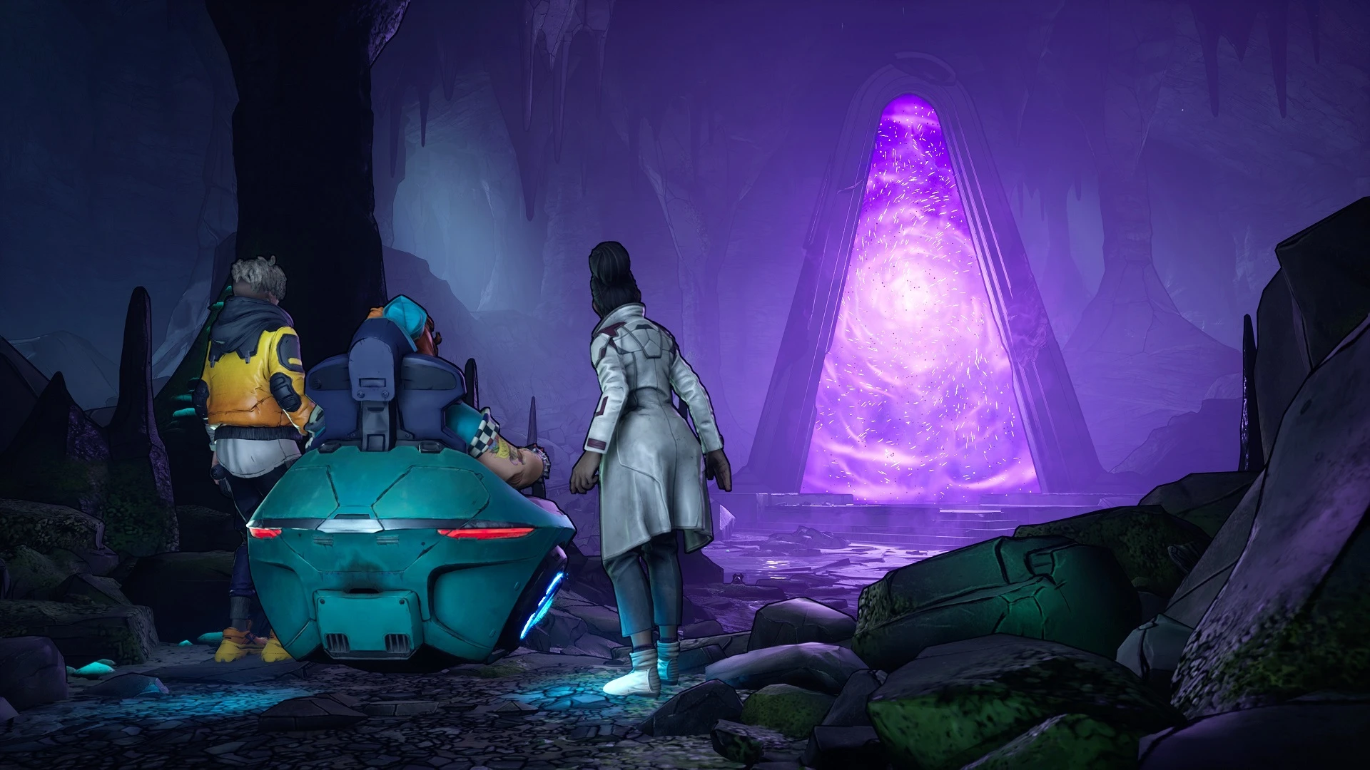Three characters from New Tales from the Borderlands look at a mysterious glowing obelisk in a cave.