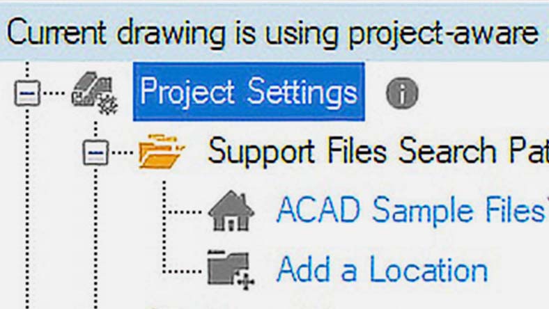 Project settings in AutoCAD, showing support file search paths with options to add locations or use sample files.