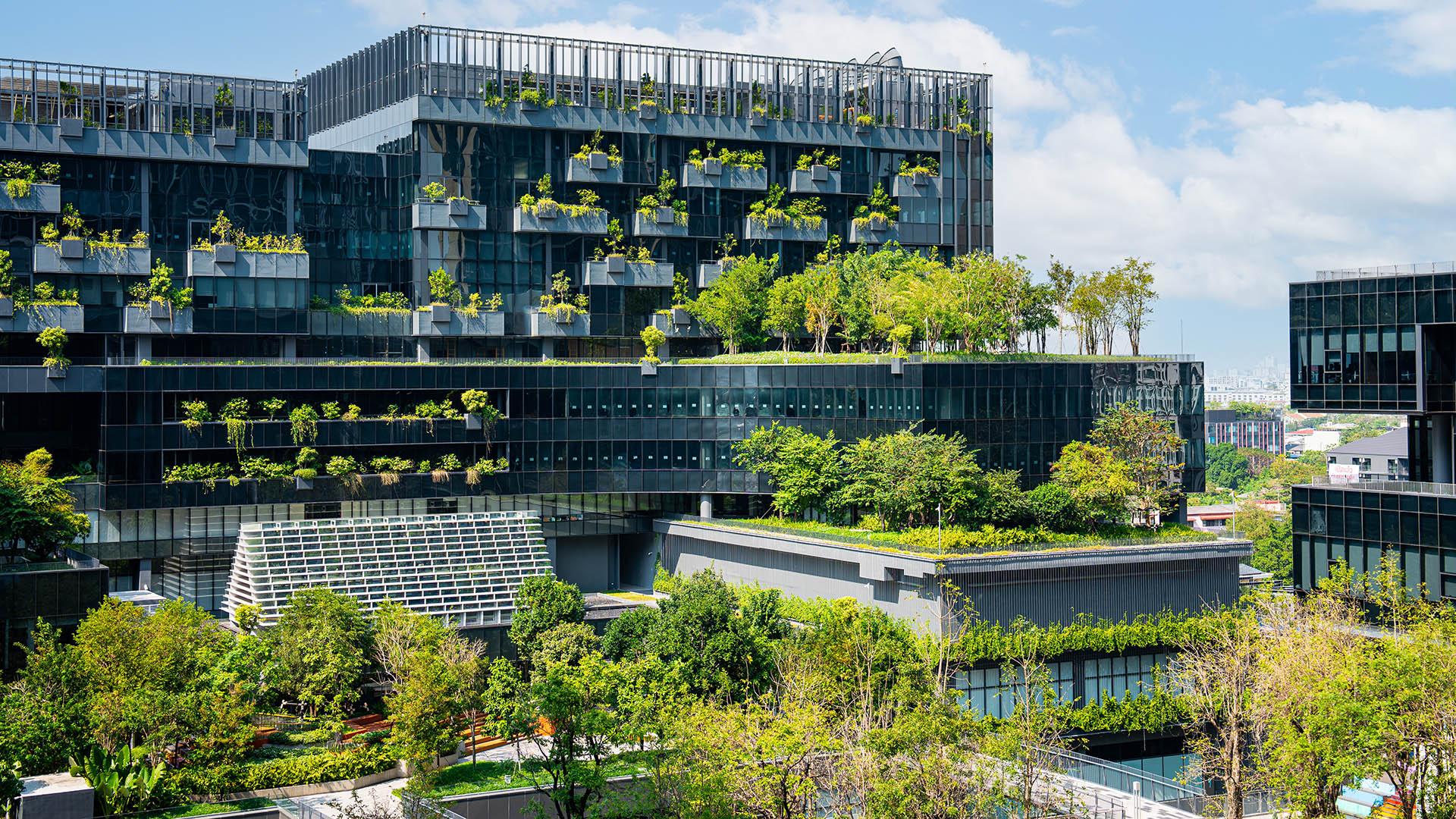 A modern green building has an innovative high-rise garden.