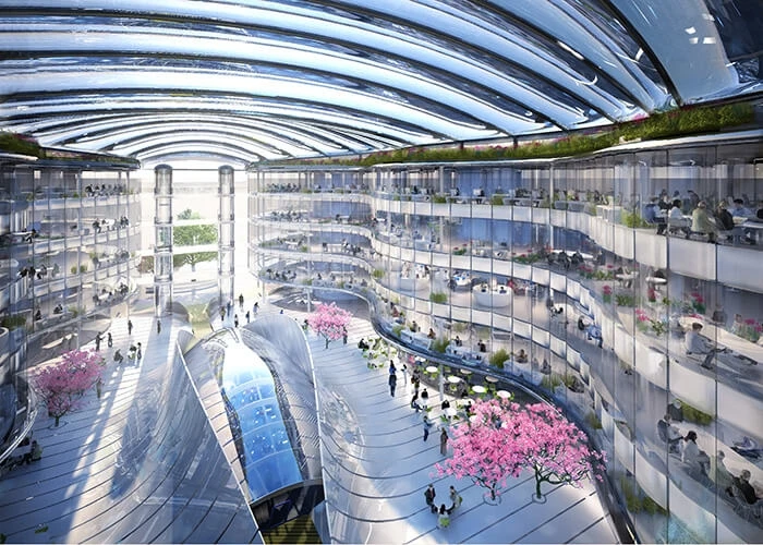 A rendering of the interior of the Biomimetic Office Building