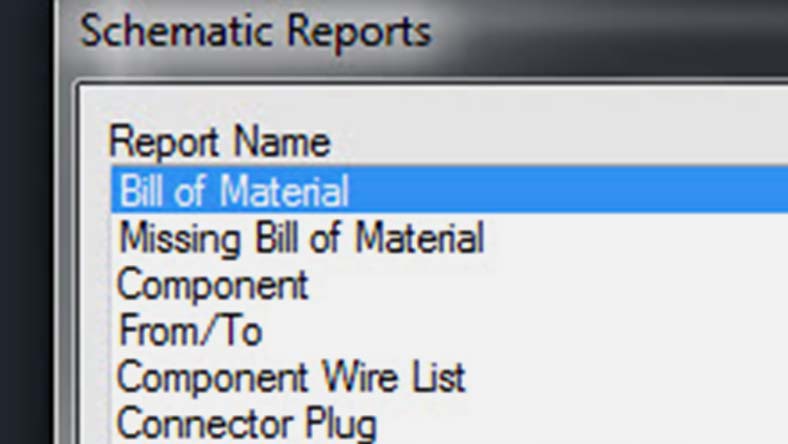 "Schematic Reports" menu listing options like Bill of Material, Missing Bill of Material, Component, and more