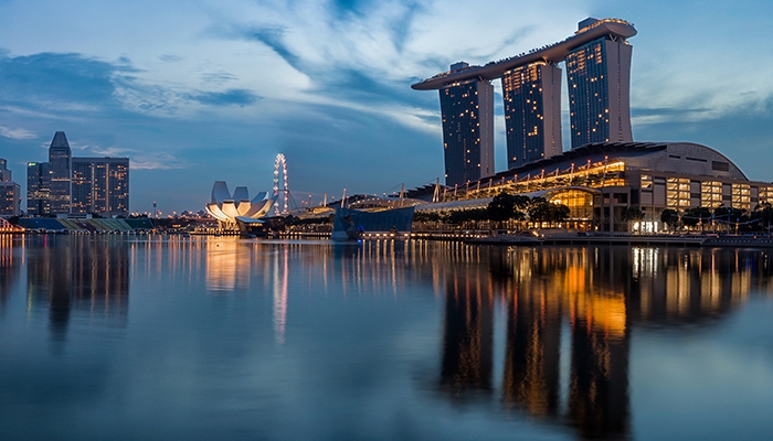 Marina Bay Sands during a gloomy Singapore sunrise