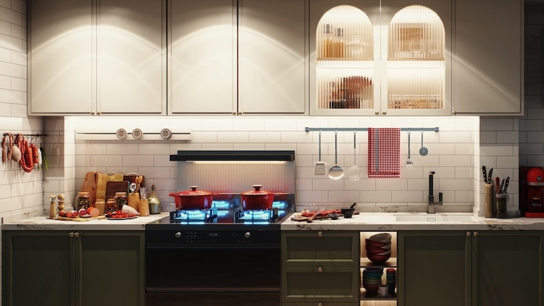 A 3D rendering of a residential kitchen shows task lighting illuminating the counters and stovetop.