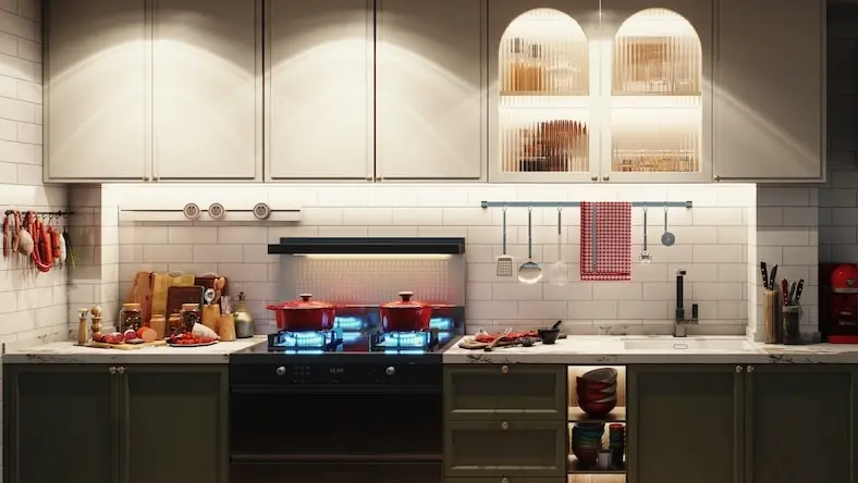 A 3D rendering of a residential kitchen shows task lighting illuminating the counters and stovetop.