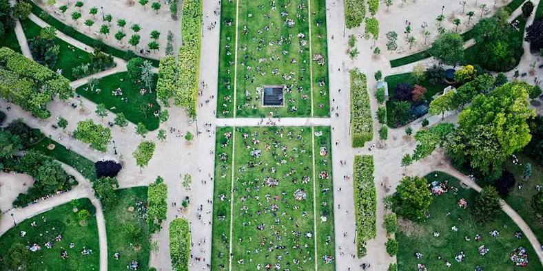 An overhead image of a green space in a city