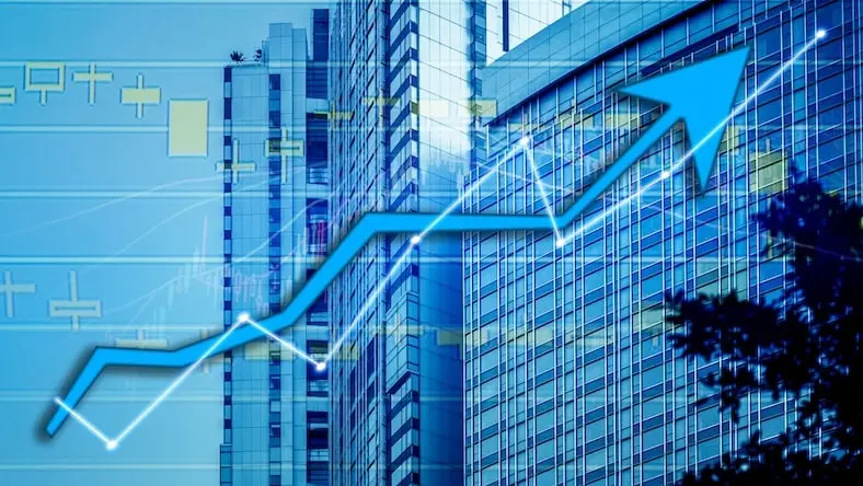 An image of a building is superimposed with a chart showing financial gains.
