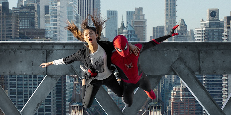 Spiderman holding a woman as they both fall.