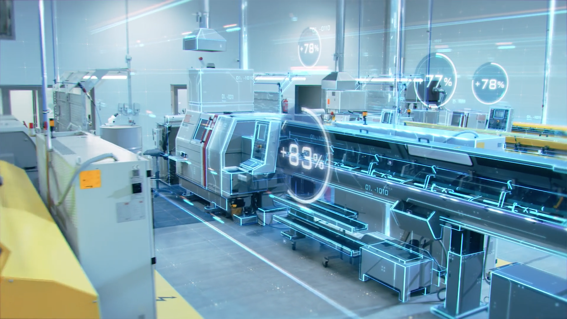 A photograph of factory equipment is overlaid with data. 