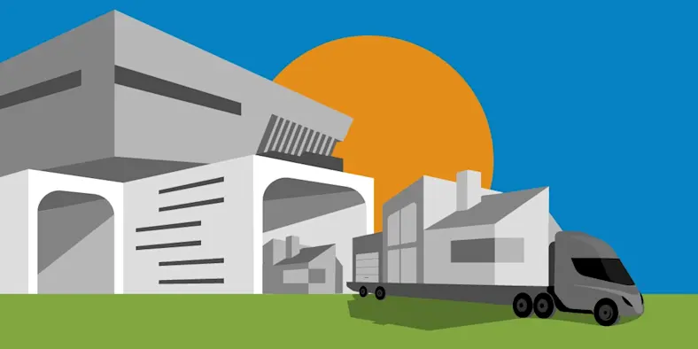 A stylized graphic of a truck and a building.