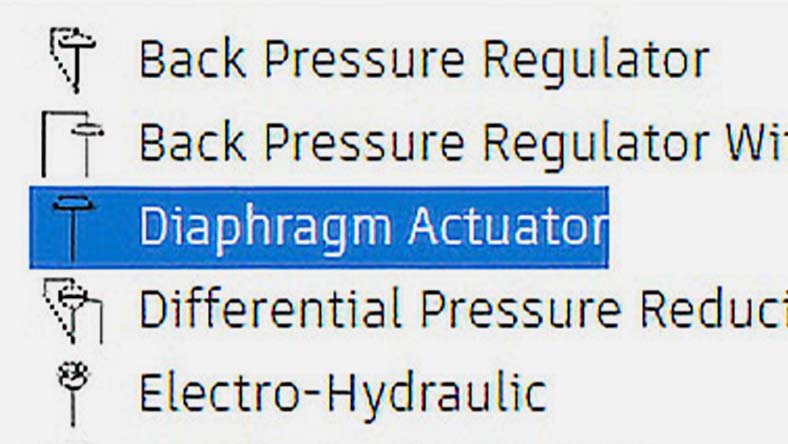 A list of valve symbols and names, with "Diaphragm Actuator" highlighted in blue, alongside its corresponding symbol.