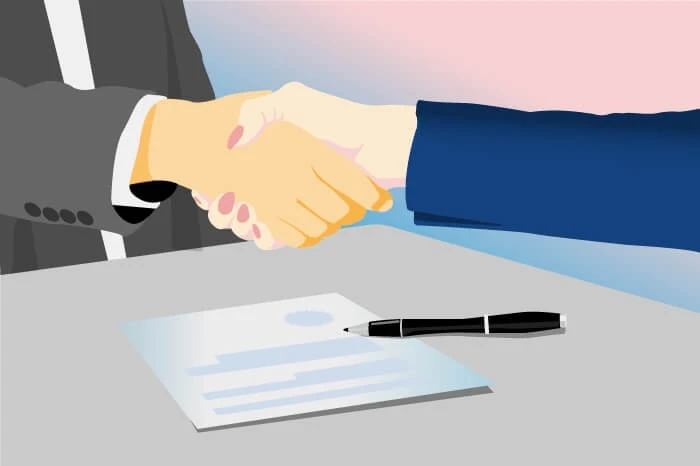 Illustration of a handshake over a contract