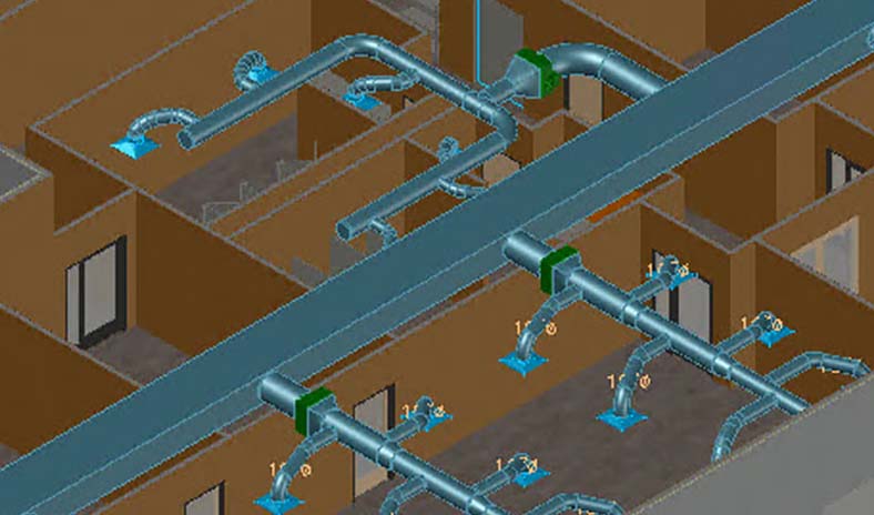 3D model of HVAC ductwork system in a building layout, showing air vents, ducts, and connections in blue and green.