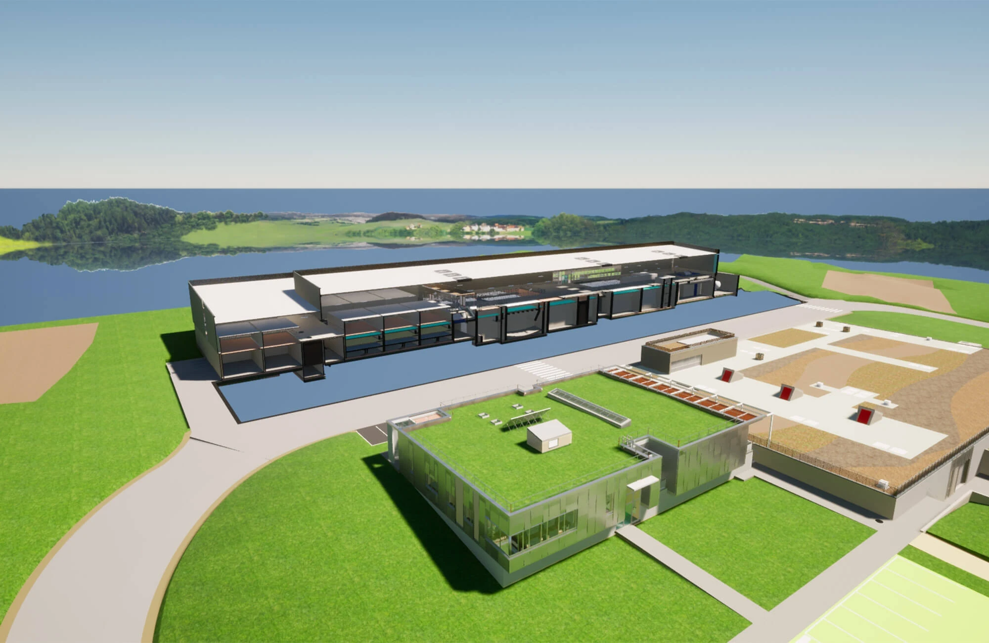 Smart city France 3D rendering aerial view of Saint-Brieuc Armor Agglomération’s future drinking water treatment plant