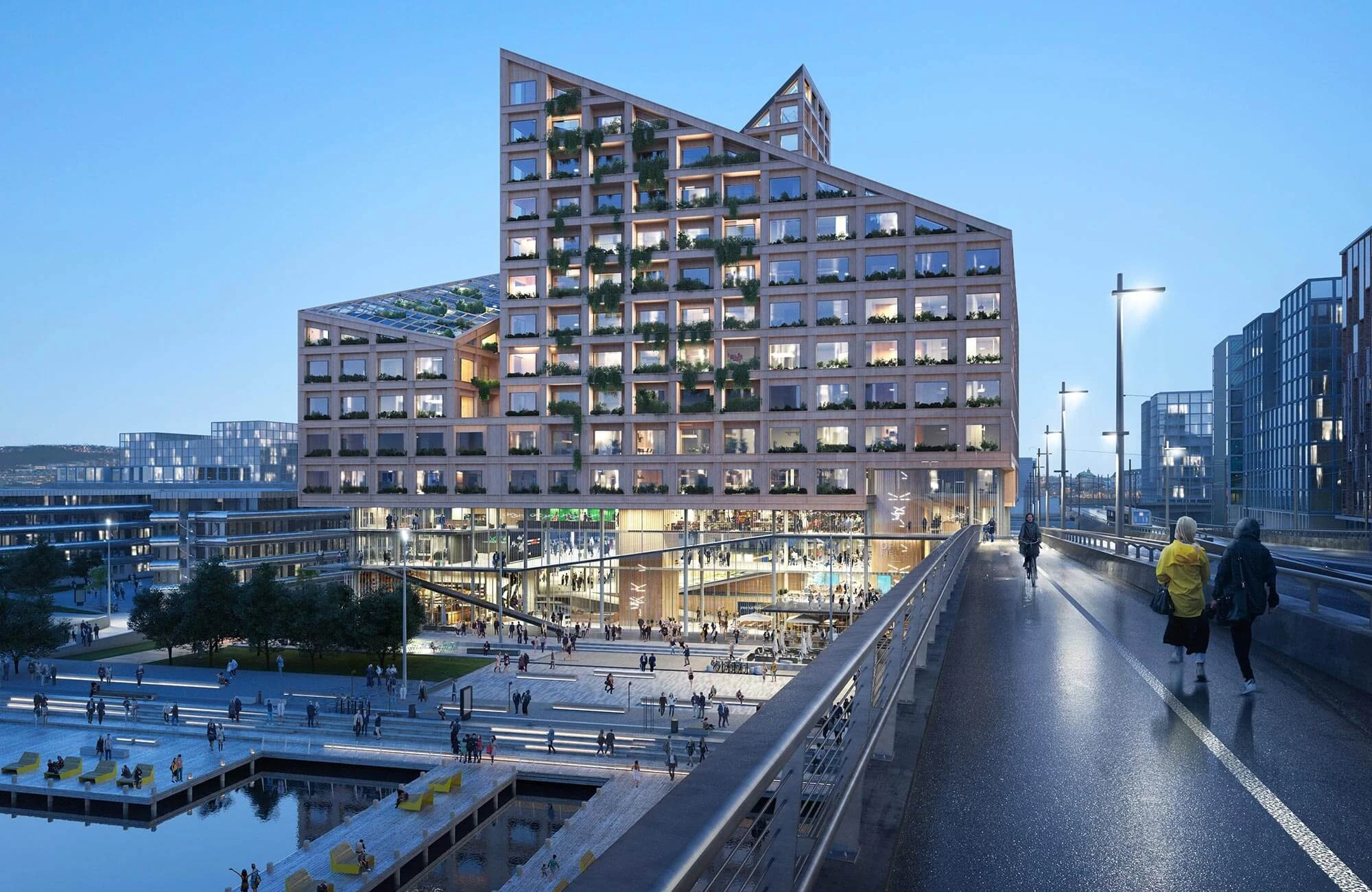 Nachhaltige Baustoffe können wie im im Mischnutzungsprojekt „Kaj 16“ in Göteborg einheimische Hölzer, Gräser und Sträucher sein.