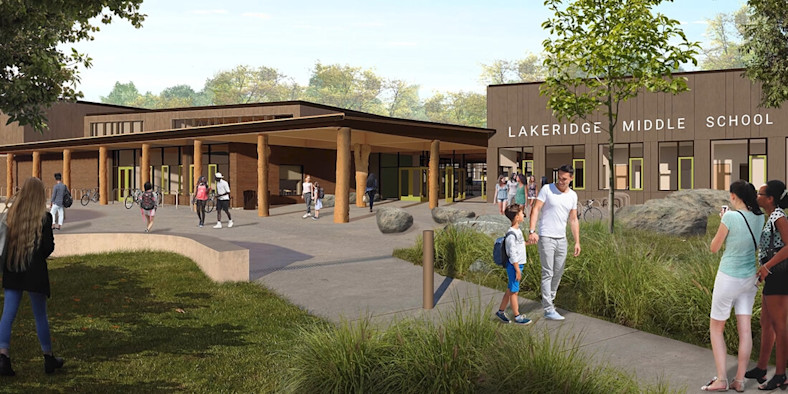 Rendering of people outside of the newly renovated Lakeridge Middle School.