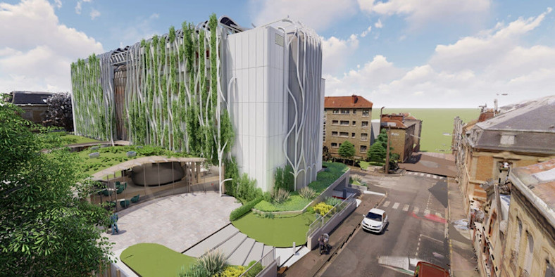 A 3D visualization of the green double façade of the renovated CDER building in Champagne.