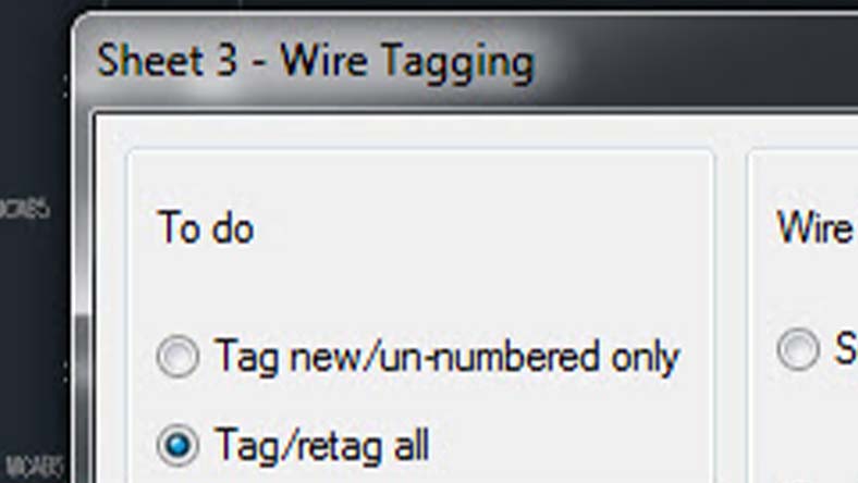 Dialog box titled "Wire Tagging" with options for tagging new wires or retagging all wires