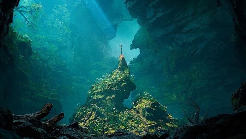 A mystical cavern with a sword in a mossy stone, bathed in a beam of light—like a scene from legend.
