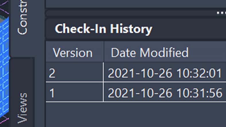 Check-In History panel showing two versions with modification timestamps.