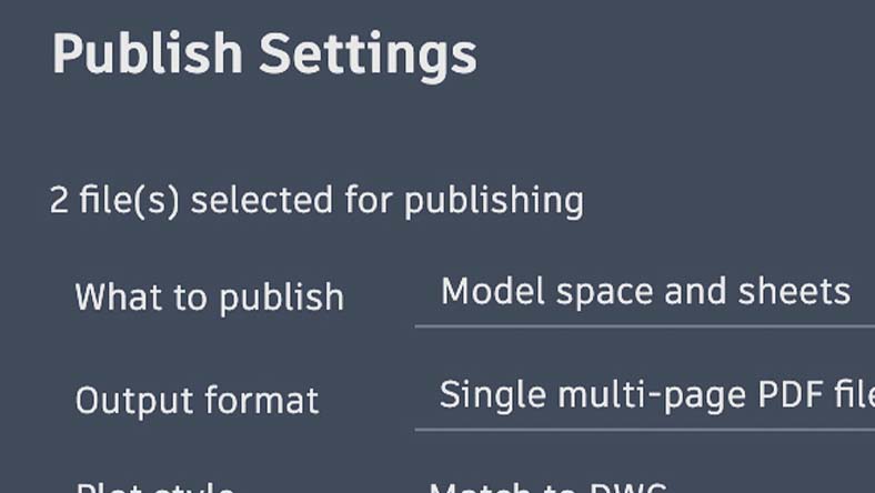 Publish Settings showing options for files, output format, plot style, and what to publish in AutoCAD.