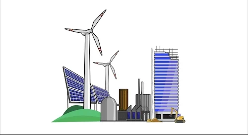 Illustration of solar panels, wind turbines, and a skyscraper under construction