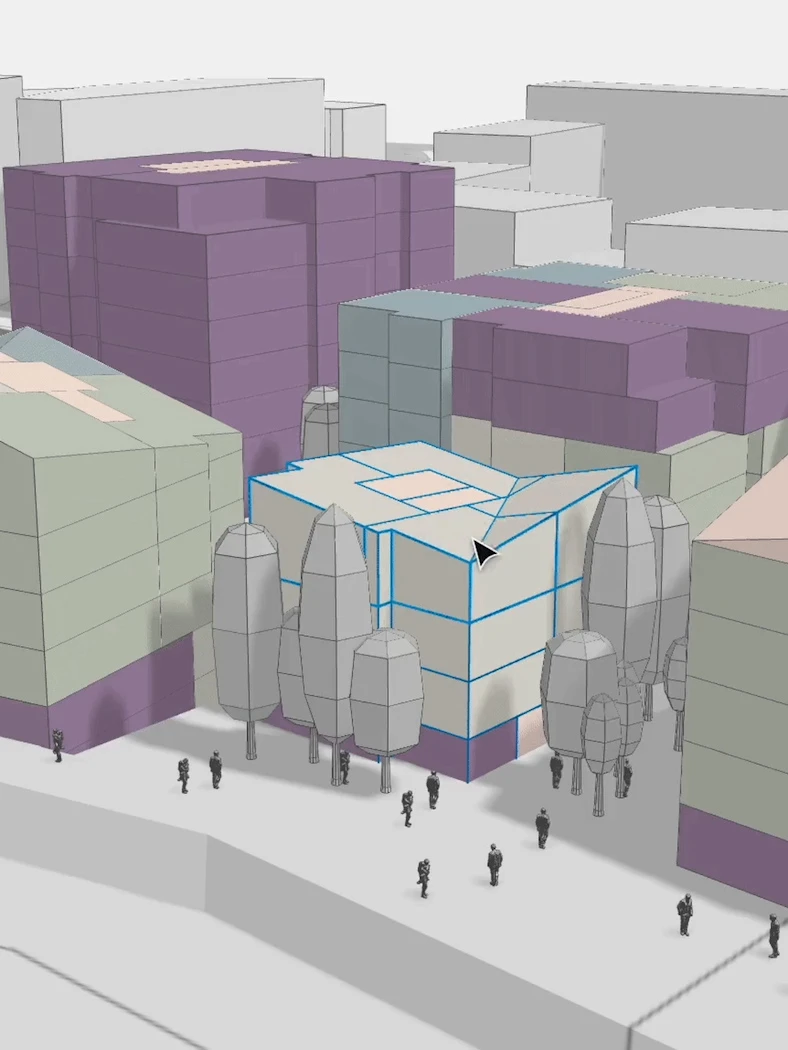 3D architectural massing model: simplified purple, green, and gray building forms with small figures and trees for scale