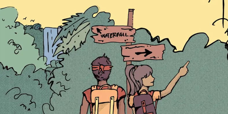 Two people looking at a sign that points to a waterfall and somewhere else.
