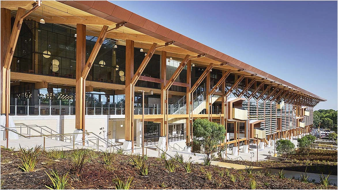 The façade of Boola Katitjin, an award-winning mass engineered timber building at Murdoch University in Perth, Australia