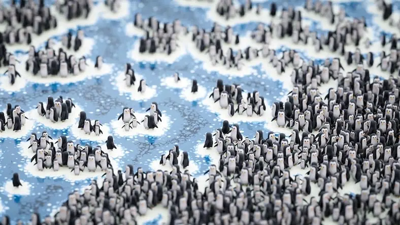 3D rendering of many animated penguins
