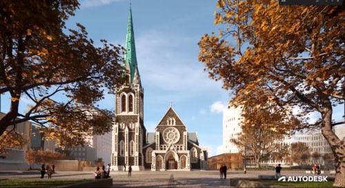 3D rendering of the front of Christ Church Cathedral in New Zealand