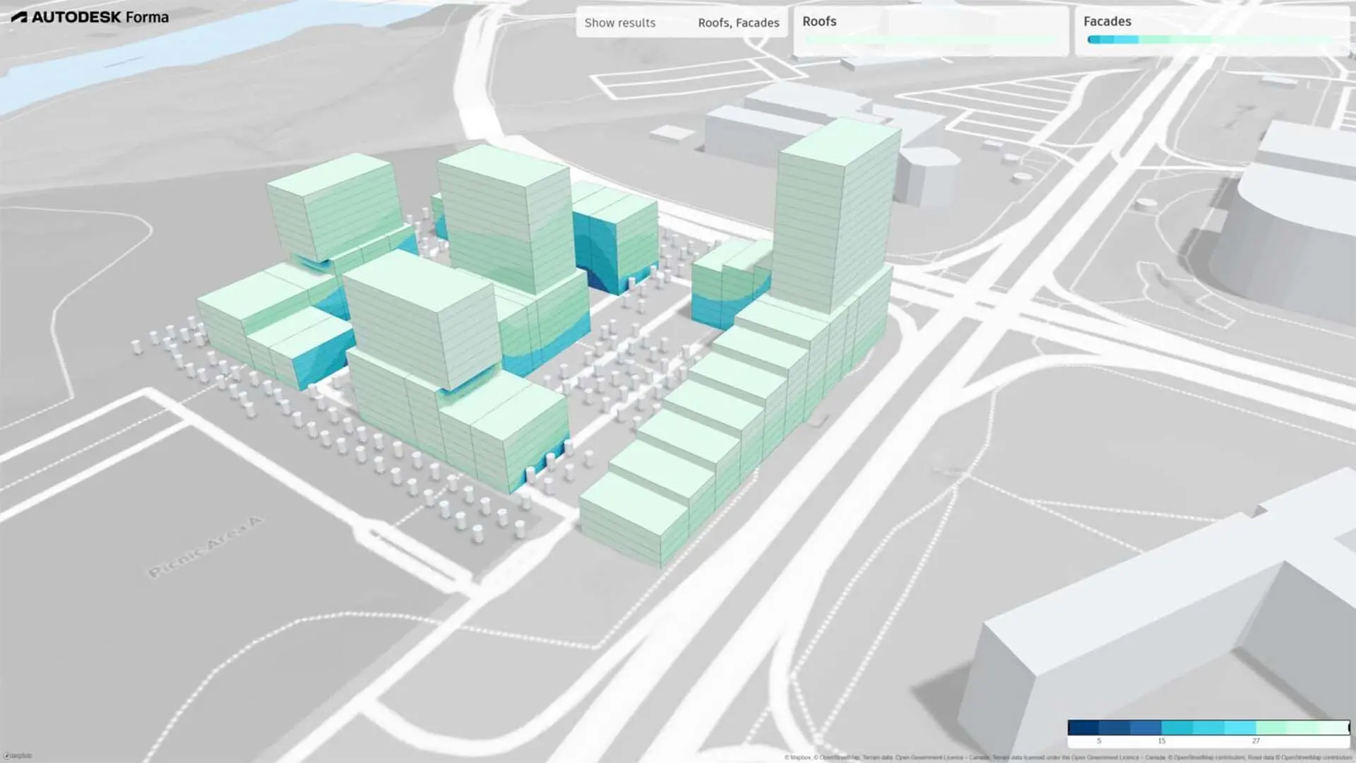 3D city model showing building heights, facades, and roofs analysis in Autodesk Forma with surrounding roads and landscape.