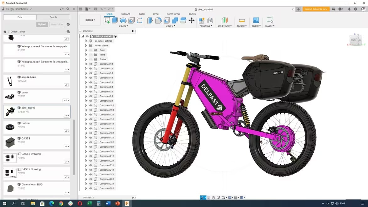 A screen in Autodesk Fusion shows the design of a Delfast electric bicycle.