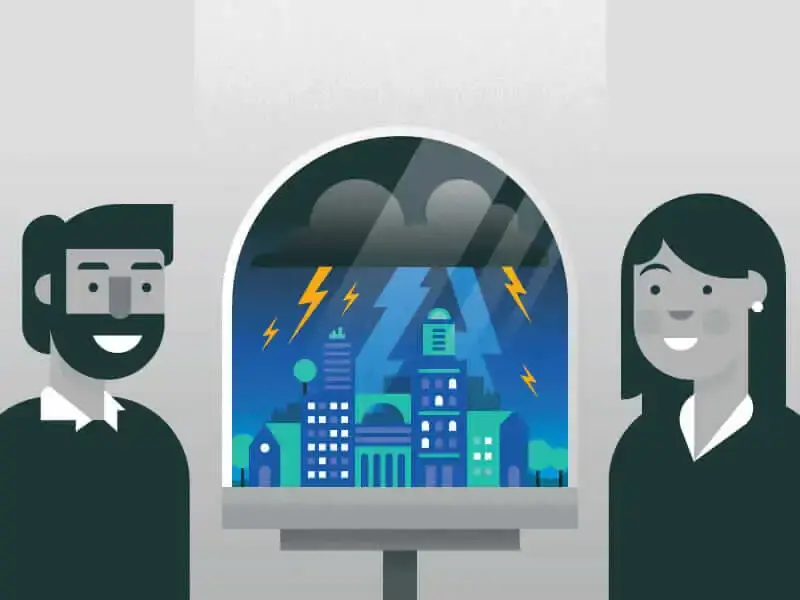 Illustration of happy people looking through a window at a resilient city withstanding severe weather.