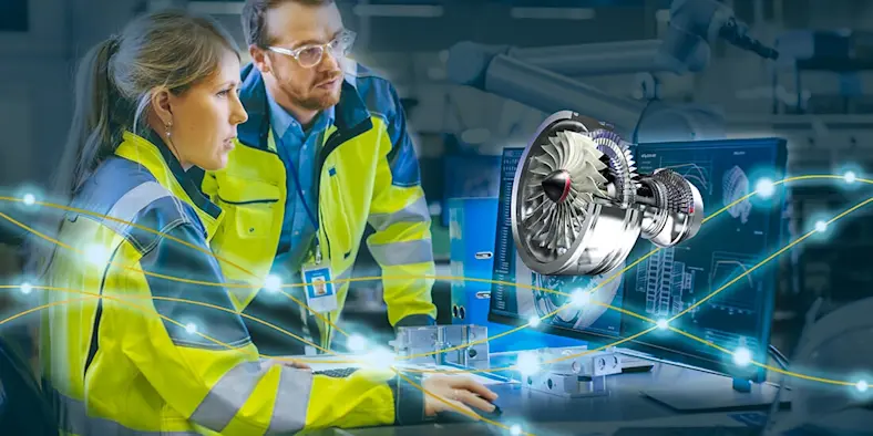 Manufacturing trends 2021 collage image of engineers working on computer with backdrop and overlay of manufacturing parts