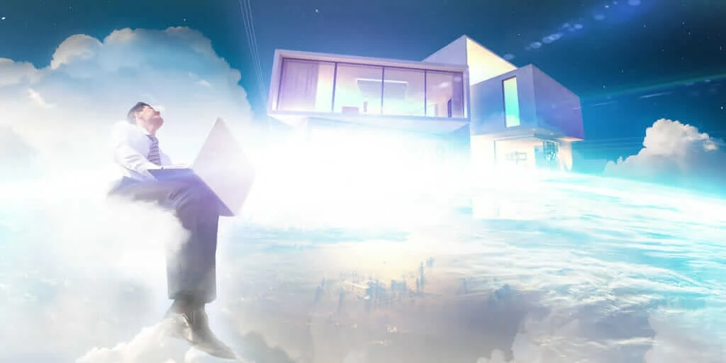 A man with a laptop sits on a cloud in this composite illustration.