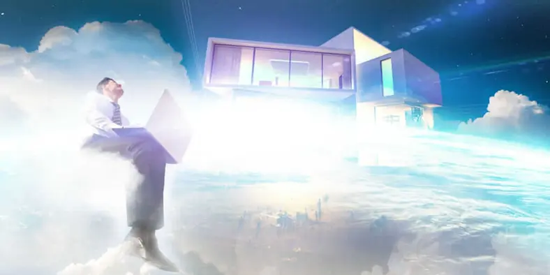 Composite image cloud technology work-life balance for architects business man working on laptop, clouds, house model