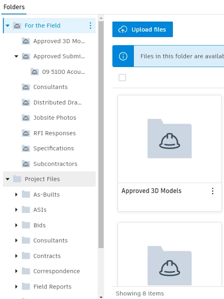Digital file interface with "For the Field" and "Project Files" folders