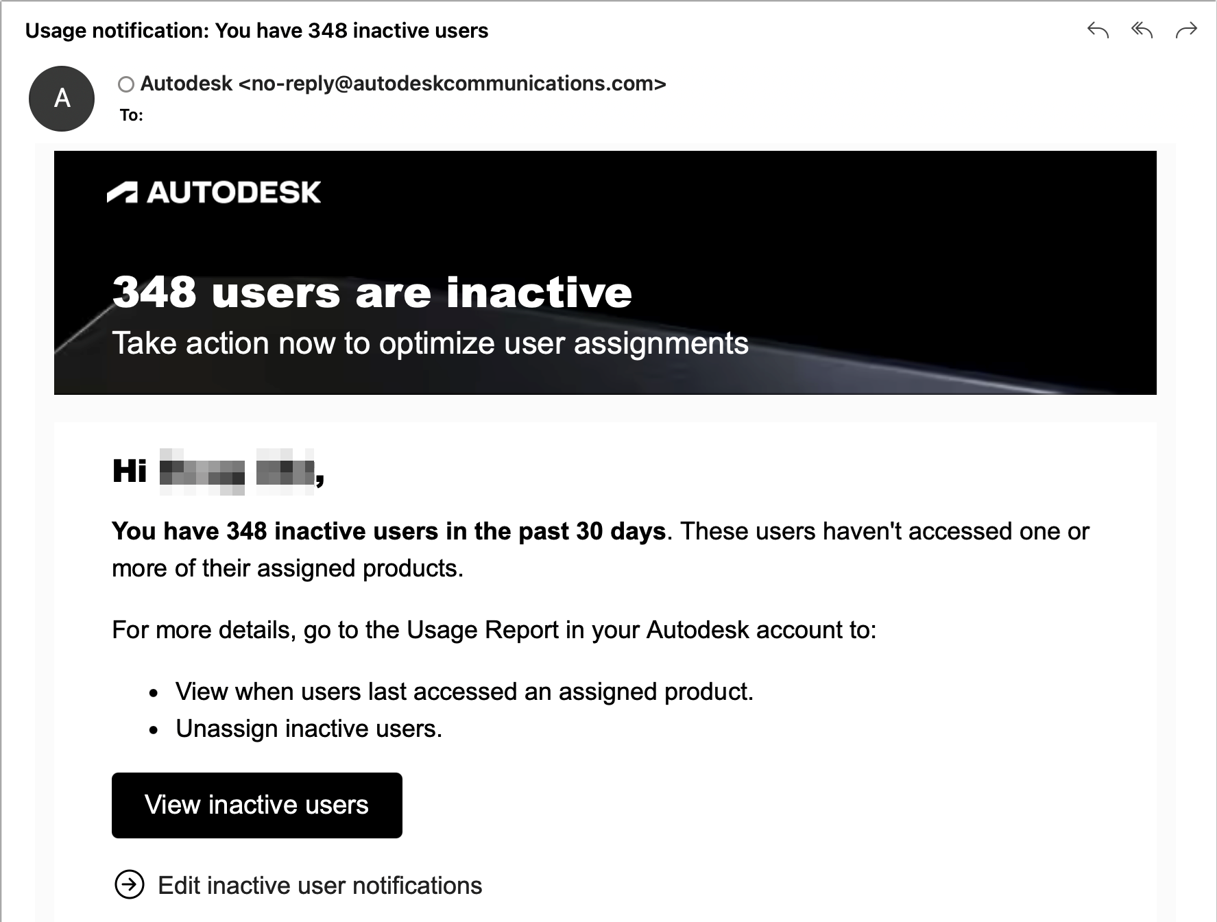 Autodesk inactive users email with usage report and management options