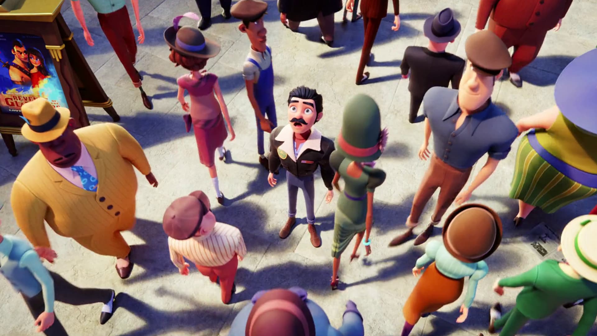 Animated pedestrians walking in a city.