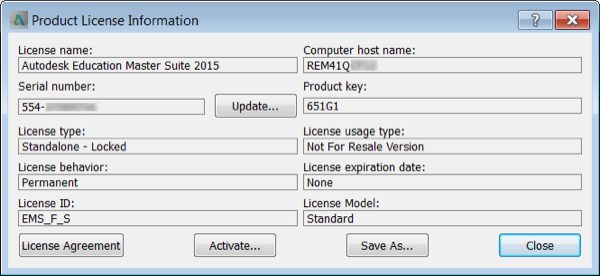 Obraz przedstawiający informacje o licencji na pakiet Autodesk Education Master Suite 2015